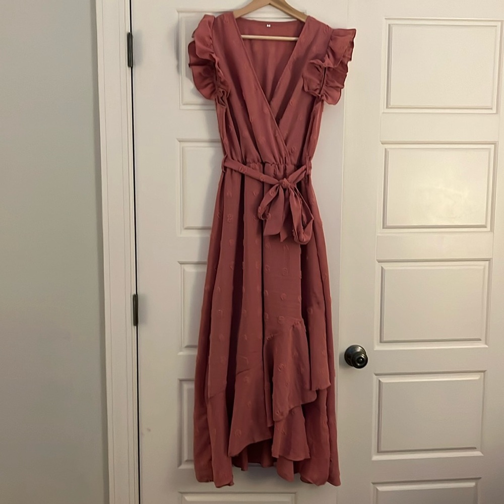 Swiss dot faux wrap midi